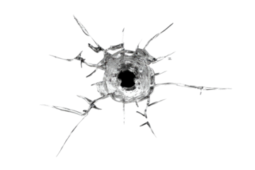 A close-up, high-contrast image of a bullet hole shattering a transparent surface