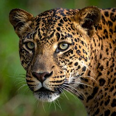 Obraz premium Close-up of a leopard's head and neck. Focuses on intense gaze. Rich patterns and colors. Natural setting