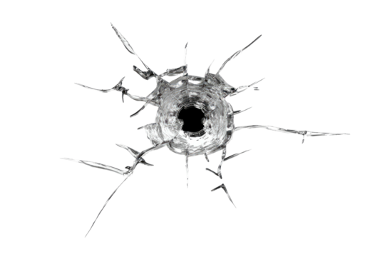 A close-up, high-contrast image of a bullet hole shattering a transparent surface