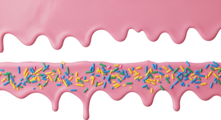 Pink icing drips with sprinkles isolated on transparent background