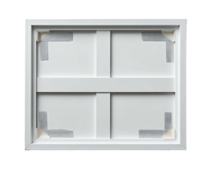 Rear view of white artwork frame with interior supports and corner tape