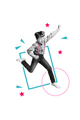 Fototapeta premium Vertical composite collage image picture of overjoyed boy jump raise fist isolated on creative background