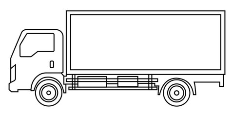 Simple outline illustration of a delivery truck in side view on white background.
