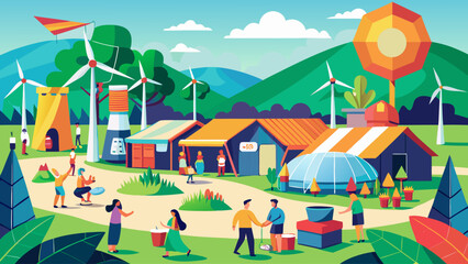 A group of people are walking around a town with a lot of windmills. Scene is lively and energetic