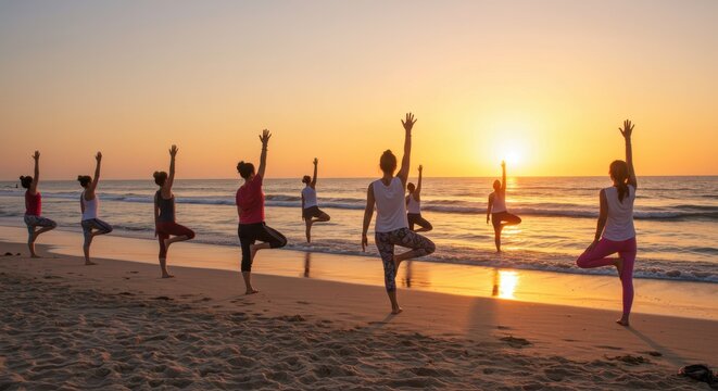 Group of women practicing yoga on the beach at sunset, enjoying the peaceful moment - Powered by Adobe