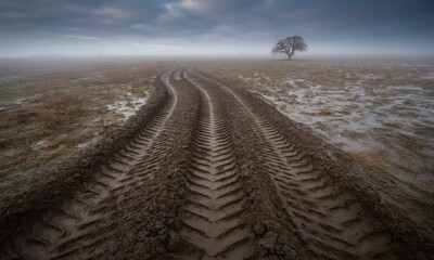 A muddy track leads through a foggy field towards a lone tree under a moody sky