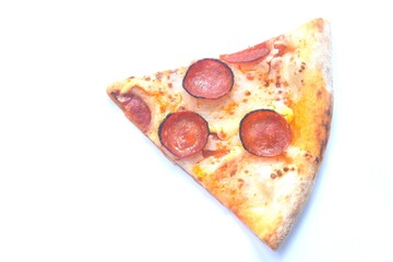 piece of baking homemade peperoni pizza topping slice salami on white background