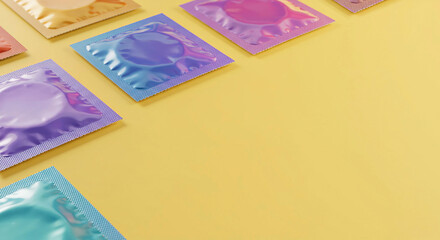 Colorful fun condom wrappers on yellow pastel background, copy space. Safe sex protection contraceptive wallpaper backdrop, fun vibrant condoms, STD prevention