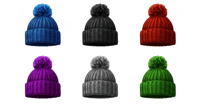Collection of six knitted winter hats with pom poms isolated on transparent background