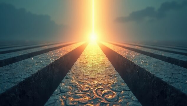 Caminos que convergen en un &uacute;nico punto radiante, que simboliza el enfoque, la alineaci&oacute;n y la realizaci&oacute;n de objetivos estrat&eacute;gicos