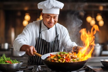 Professional asian chef cooking stir fry with flaming wok