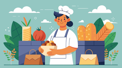 A woman in a chef's hat is holding a bowl of food and standing in front of a box of bread