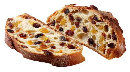Close-up of two bread slices, revealing a cross-section filled with colorful raisins
