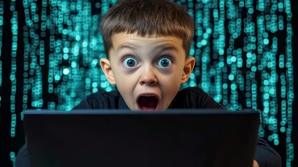 Young boy using laptop with a matrix code background changing expression from focused to surprised, coding and future technology footage. - Powered by Adobe