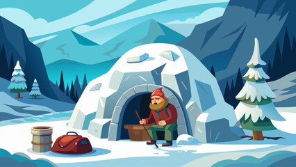 A man sits in a small igloo in the snow. He is wearing a red hat and a green jacket. The igloo is made of ice and snow. The man is holding a stick and he is working on something