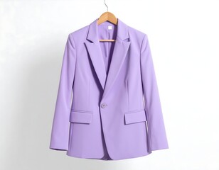 Lilac blazer on wooden hanger against white background