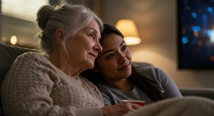 Grandmother and granddaughter watching tv together at home in the living room