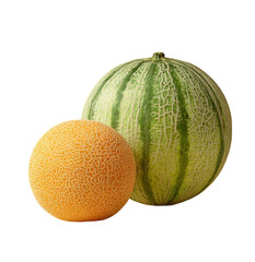 Two vibrant, textured melons against a stark black backdrop, showcasing the contrast in color and size