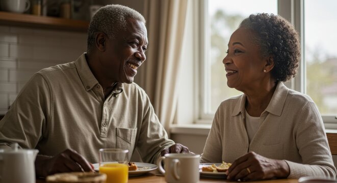 Happy senior african american couple enjoying breakfast together at home by the window - Powered by Adobe