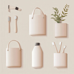 A set of white bags and containers with toothbrushes and toothpaste. Concept of cleanliness and organization, with the toothbrushes and toothpaste placed neatly in the bags and containers