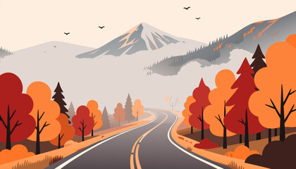 Winding mountain road through an autumn forest landscape