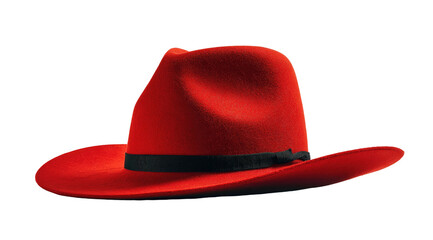 A vibrant red fedora with a contrasting black band sits isolated on a transparent background