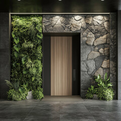 A large, wooden door with a green plant wall in front of it. The door is made of wood and has a black handle