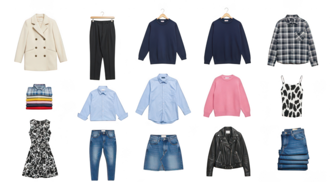 Collection of various clothing items isolated on transparent background