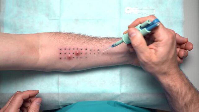 A skilled tattoo artist is meticulously applying a dot work design on a client's arm in a modern studio setting. The process showcases precise technique and artistry