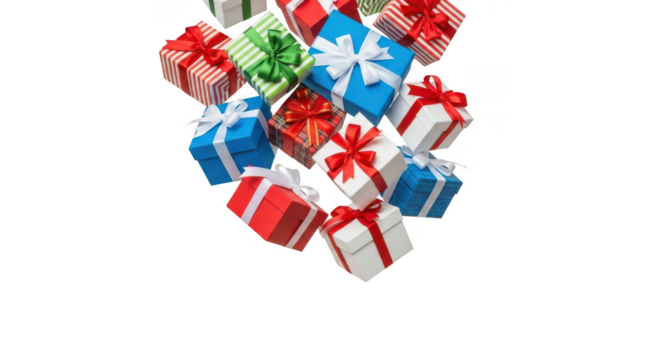 A cascade of colorful wrapped gift boxes isolated on transparent background