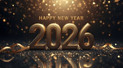 Luxurious golden 2026 text with sparkling reflections and glowing bokeh, set against a dark, elegant background for new year celebrations and festive greetings