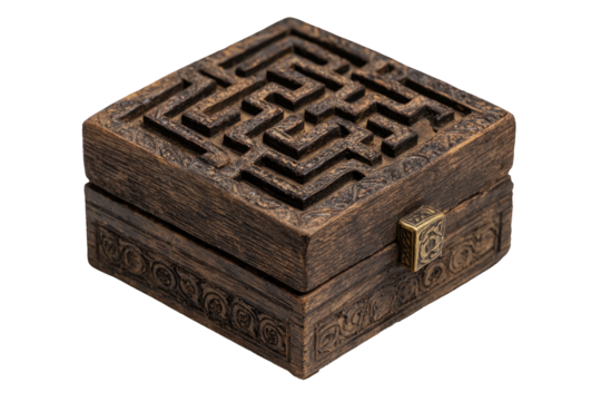 Ornate wooden box featuring a maze on the lid and decorative carvings around the sides