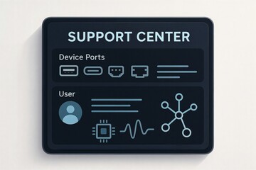 Illustration of a digital support center interface showing device ports and user data with a sleek, modern design.