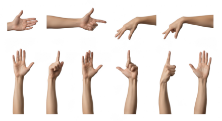 Collection of human hands and fingers gestures isolated on transparent background