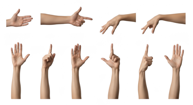 Collection of human hands and fingers gestures isolated on transparent background