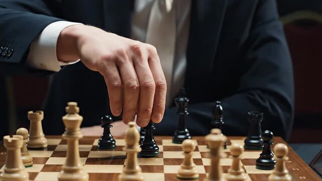 Person in suit making a strategic chess move on board game