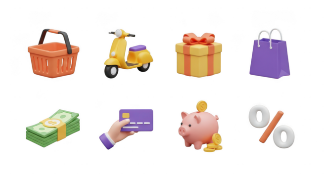 Collection of shopping and finance icons isolated on transparent background - Powered by Adobe