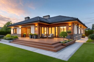 Modern luxury house exterior with deck and garden at twilight