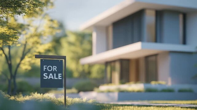 For sale sign in front of modern house with green garden and sunlight, real estate property and home investment opportunity featuring bright daylight and lush green surroundings