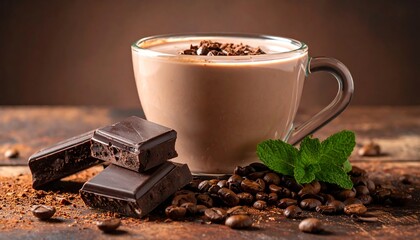 Creamy chocolate drink in a glass mug, garnished with chocolate shavings and coffee beans, beside dark chocolate pieces on a rustic wooden table