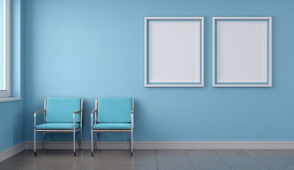 Two empty chairs with metal frames and turquoise cushions in a bright waiting room