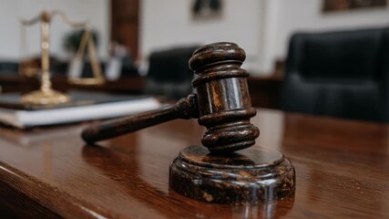Wooden gavel on polished desk with blurred legal scale and chair in courtroom background symbolizing justice law legal judge and scale authority in professional legal setting - Powered by Adobe