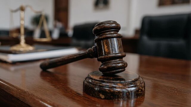 Wooden gavel on polished desk with blurred legal scale and chair in courtroom background symbolizing justice law legal judge and scale authority in professional legal setting - Powered by Adobe