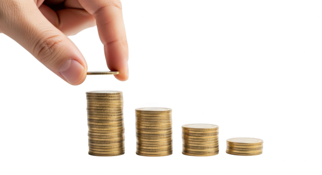 Hand adding a coin to a decreasing stack of coins isolated on transparent background