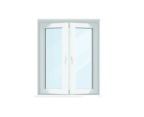 Obraz premium An illustrated, front-facing view of a double-door window frame with clear glass panes