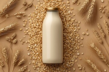 Oat milk bottle surrounded by oat flakes and wheat stalks on a plain light brown background, creating a natural and healthy food concept