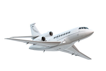 Sleek, all-white private jet soaring against a transparent backdrop, showcasing a luxurious aviation experience