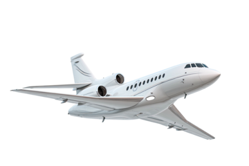 Sleek, all-white private jet soaring against a transparent backdrop, showcasing a luxurious aviation experience
