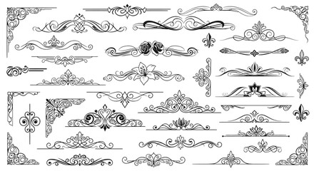 A large collection of elegant vintage ornamental design elements, including decorative flourishes, dividers, borders, and corner accents for graphic design.
