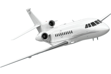 A white, sleek jet airplane isolated on a transparent background, angled upward